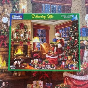 White Mountain Delivering Gifts Holiday Puzzle - Red, Green, Gold 1000 Pieces